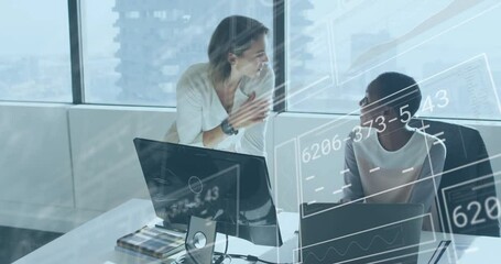 Poster - standing colleague approaching desk and greeting seated analyst, showing holographic business data