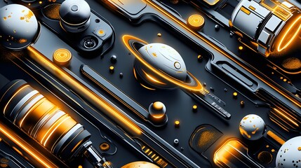 Abstract design with glowing geometric shapes and metallic textures.