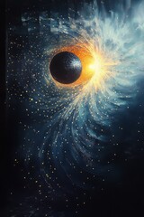 Wall Mural - dark spherical object drawing bright light and swirling particles in a cosmic space scene conveying 