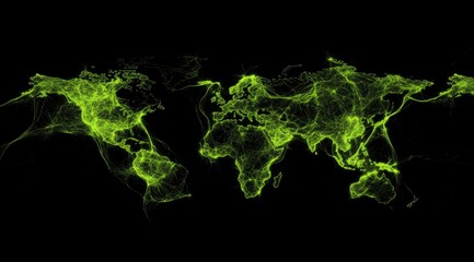 Aufkleber - A luminous green world map, rendered with ethereal, glowing lines, suggesting interconnectedness across continents against a stark black backdrop