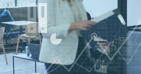 Poster - Business duo studying cloud charts, woman passing sparking graphs rising, comparing phone metrics