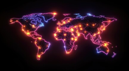 Poster - A glowing, neon-outlined world map on a black background, featuring illuminated nodes representing interconnected global locations