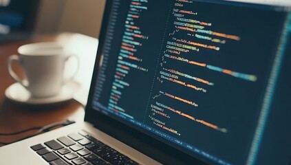 Laptop screen displaying code, a cup of coffee
