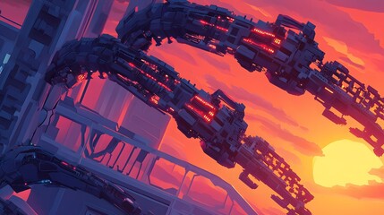 Poster - Futuristic mechanical arms against a vibrant sunset cityscape.