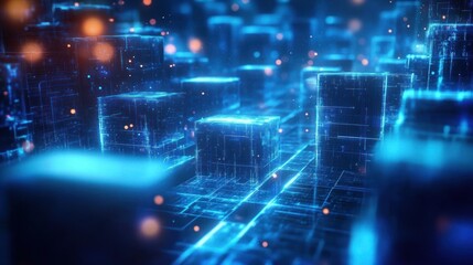 Poster - Digital abstract cityscape with glowing blue cubic structures and floating orange light particles creating a futuristic technological atmosphere