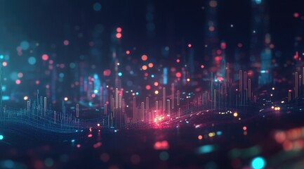 Poster - Abstract digital landscape with glowing particles and lines forming a wave-like pattern, creating a vibrant, dynamic, and futuristic feel