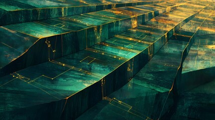 Poster - Abstract geometric structure in emerald and gold tones.
