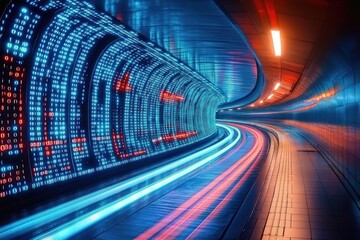Poster - Futuristic curved tunnel illuminated with blue and red digital binary code lights, reflecting a high-tech modern atmosphere and dynamic motion