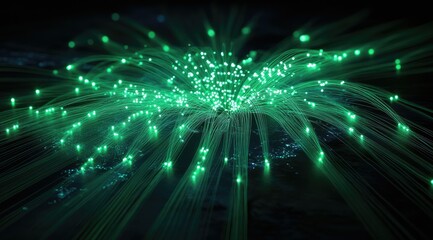 Aufkleber - Abstract digital artwork depicting a vibrant, luminous green energy burst emanating from a central point, resembling a cluster of glowing fibers or strands against a dark background