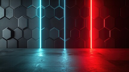 Aufkleber - Dark room with hexagonal wall illuminated by vibrant red and blue neon lights, reflecting on a glossy floor