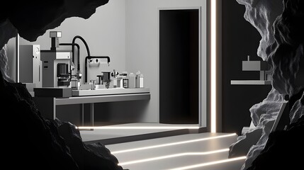 Poster - Modern, minimalist laboratory interior design, lit by glowing lines.