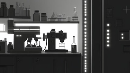 Poster - Detailed grayscale rendering of a modern laboratory workstation.