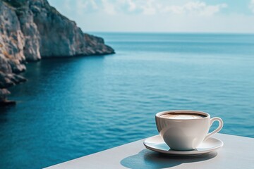 Wall Mural - Enjoying coffee with a breathtaking view of cliffs and serene sea, Cup of coffee on table overlooking cliffs and sea Coastal tranquility concept