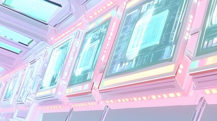 Poster - Futuristic interior corridor with glowing panels.