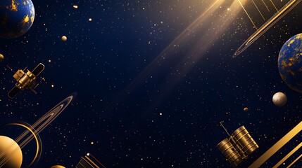 Poster - Golden spacecraft and planets in deep space.
