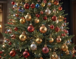 Wall Mural - Close-up of ornate Christmas tree, multicolored ornaments, soft winter glow,  festive,  graphic,  colorful