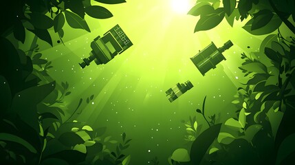 Poster - Lush, green foliage surrounds floating devices in a radiant light.