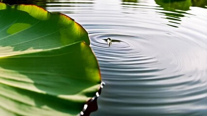 Poster - Close-up view of a falling water droplet creating ripples on a tranquil pond with green leaves framing the scene in nature