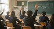 © happy Wu  - 中学校授業風景・教室で手を上げる中学生たち