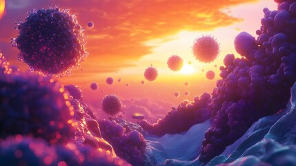 Poster - Abstract depiction of cells against a sunset backdrop.