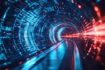 Poster - Abstract digital tunnel featuring glowing blue and red lights creating a futuristic atmosphere, Abstract digital tunnel with glowing blue and pink lights