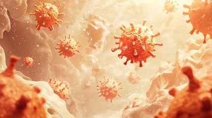 Poster - A microscopic view of numerous orange virus particles.