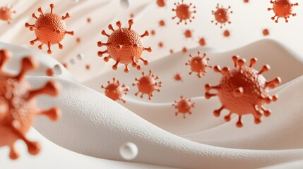 Poster - 3D illustration of many microscopic viruses floating over a soft surface.