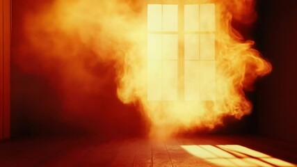 Poster - dramatic flames erupting from a burning window with a colorful background and intense lighting effec
