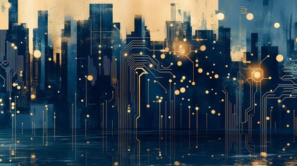 Poster - Futuristic city skyline with digital circuitry.
