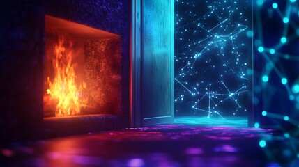 Aufkleber - A vibrant digital rendering of a room with a glowing fireplace and an otherworldly doorway.