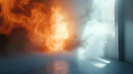 Poster - Dramatic Scene of Fire and Smoke Filling a Room with Bright Light from Windows Creating an Intense Atmosphere of Danger 4k video footage
