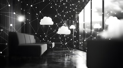Poster - Modern waiting area with interconnected digital clouds.