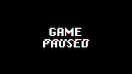 game paused 8-bit pixel text animation with dynamic glitch distortion effect. dynamic motion video game black green screen. game pause