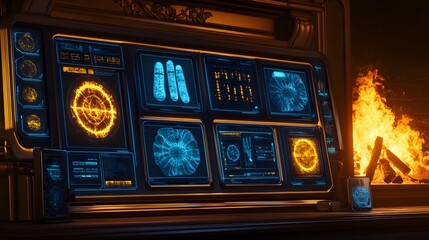 Poster - Intricate digital screens display futuristic data in a warm interior.