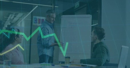 Poster - Presenter lifting marker, drawing line on flipchart while animated graph lines showing finance data