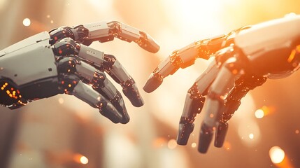 Poster - Metallic robotic hands touching in a futuristic scene.