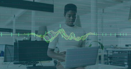 Poster - Technology analyst typing on laptop and tracking vibrant waveform overlay oscillating for analysis