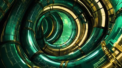 Poster - Intricate, swirling tunnel of polished teal and gold tubes.