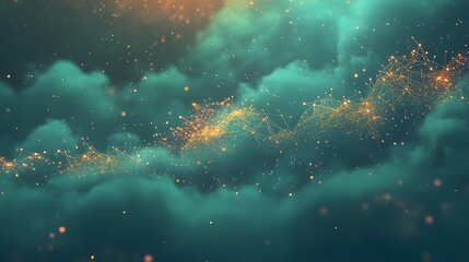 Poster - Abstract digital artwork of teal clouds and golden particles.