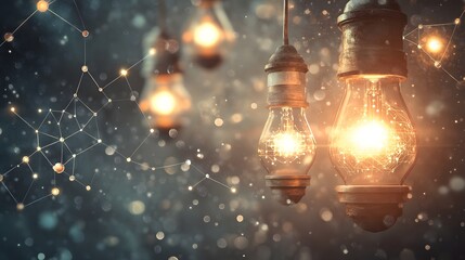 Poster - Warm incandescent light bulbs suspended in a network of connections.