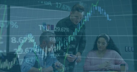 Poster - Lead pointing at documents initiating finance graph overlay, colleagues marking trends for insights