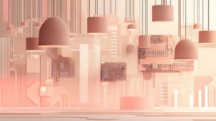 Poster - Abstract interior scene with glowing circuit boards and hanging lights.