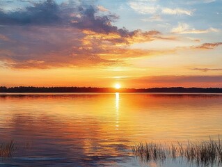 calm lake at sunset with golden and orange hues reflecting on water under partly cloudy sky and silh
