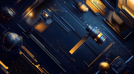Poster - Abstract composition of metallic objects and geometric shapes.