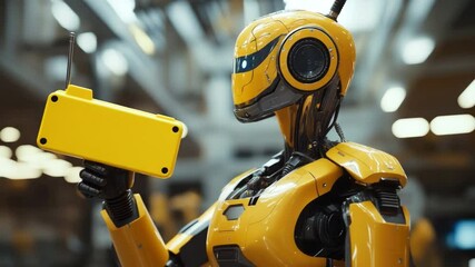 Poster - Futuristic yellow robot standing in a modern workshop showcasing advanced technology and innovation in robotics industry 4k video footage