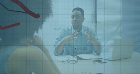 Poster - Consultant leaning forward and initiating two colored trend lines on grid showing business insights