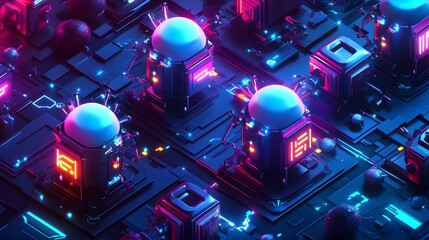 Poster - Futuristic city structures in vibrant neon light.