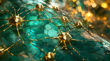 Poster - Intricate network of teal and gold structures.