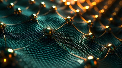 Poster - Intricate network pattern of teal and gold spheres.