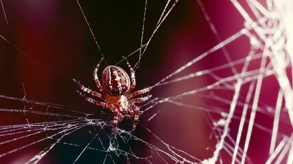 Close-up of a spider weaving its intricate web against a blurred, colorful background